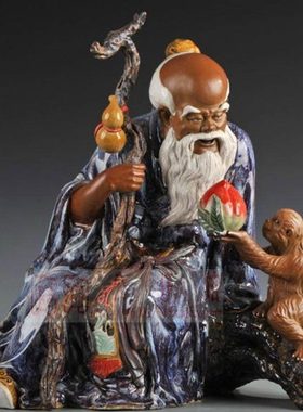 陶瓷工艺品石湾公仔家居装饰品礼品精品福禄寿寿星公摆件灵猴献寿