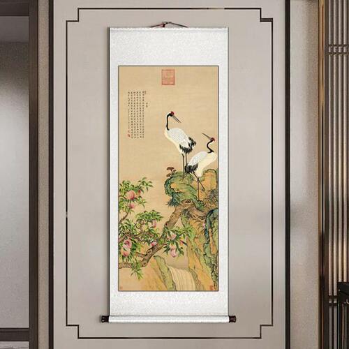 松鹤延年国画卷轴挂画竖版玄关画新中式客厅装饰画中国风茶室壁画