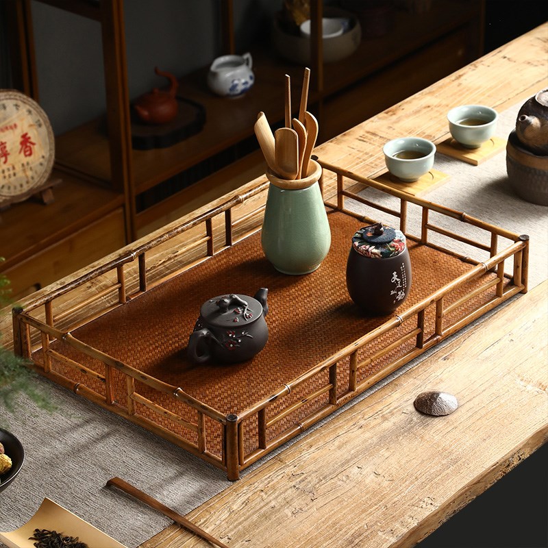 梅鹿竹大漆茶g具围栏收纳茶托盘奉茶盘单层中式小号方形干泡复古
