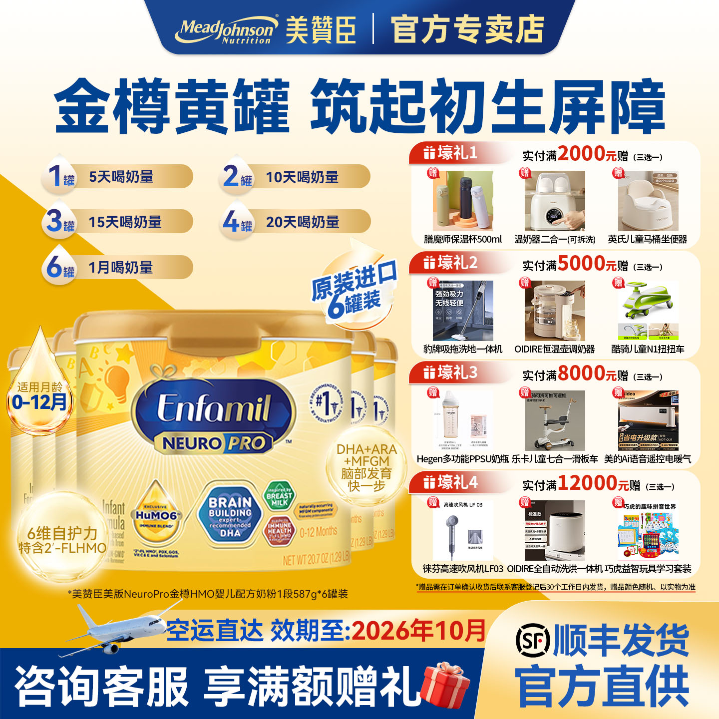 【美版美赞臣1段金樽587g*6罐】新生婴幼儿配方奶粉含DHA奶粉0-12