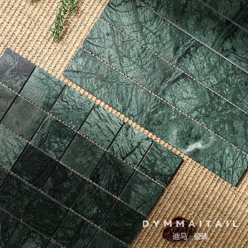 复古墨绿色d大理石长条小格子马赛克亮光墙砖卫生间浴室背景墙瓷