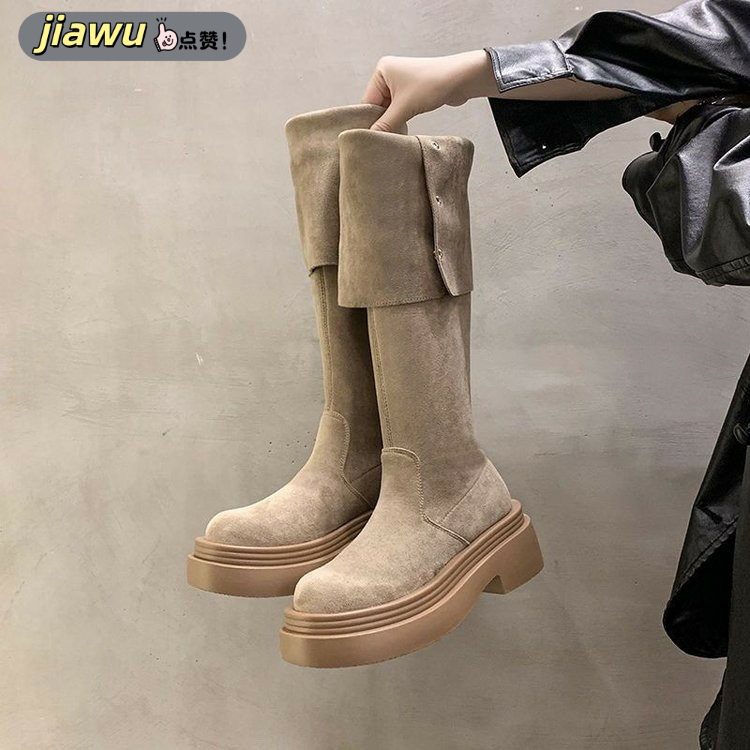 英伦新款两穿翻折厚底长时装靴