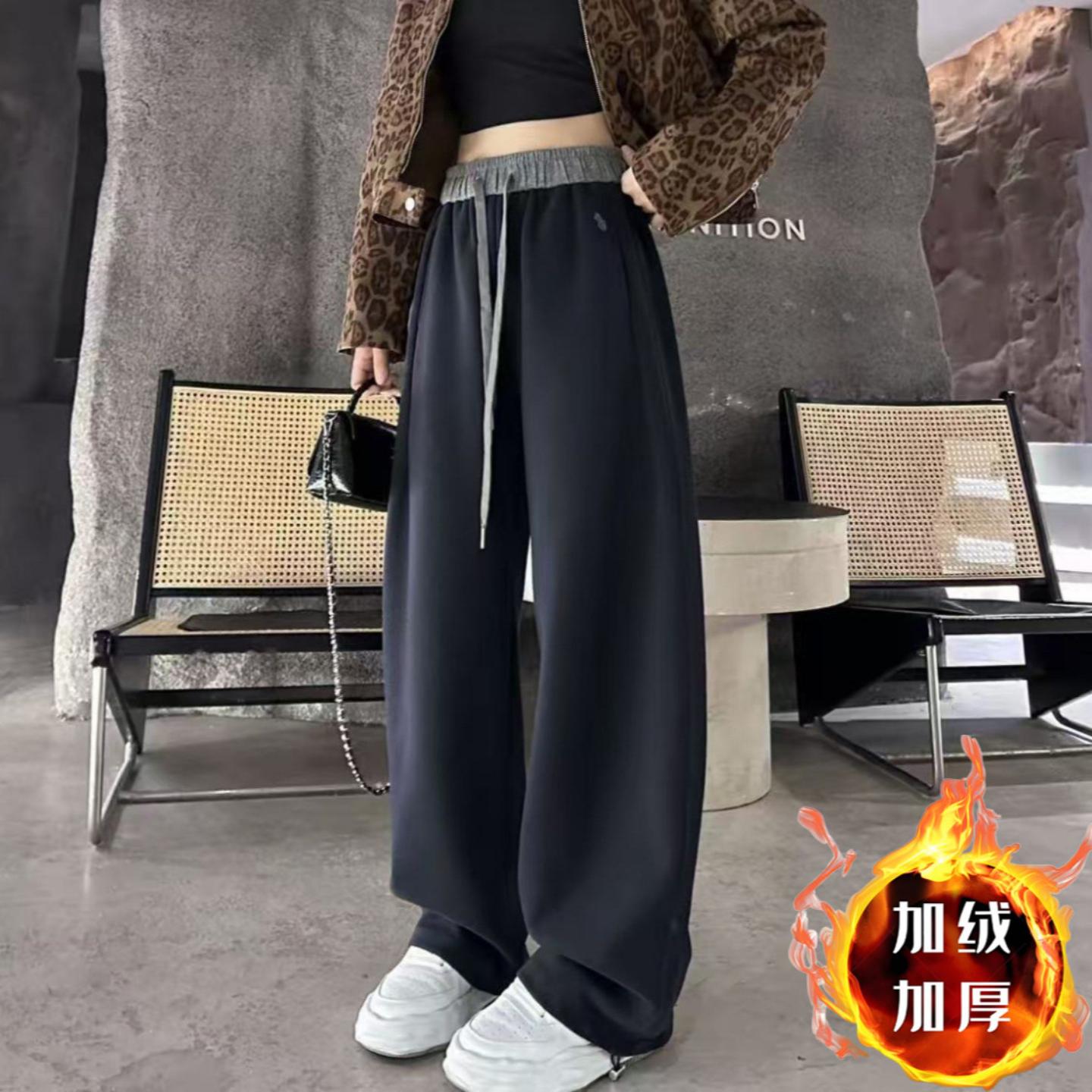 秋冬刺绣拼色高腰束脚卫裤