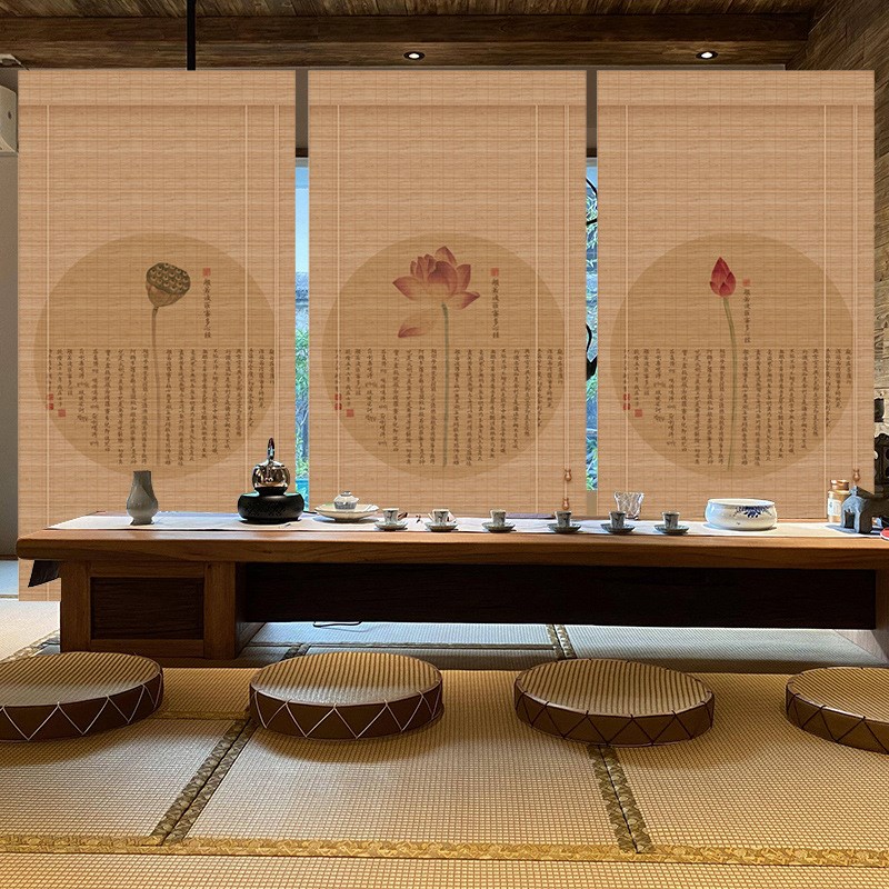 新中式竹帘卷帘茶室复古窗帘隔断遮光遮阳帘民俗饭店背景帘屏风帘