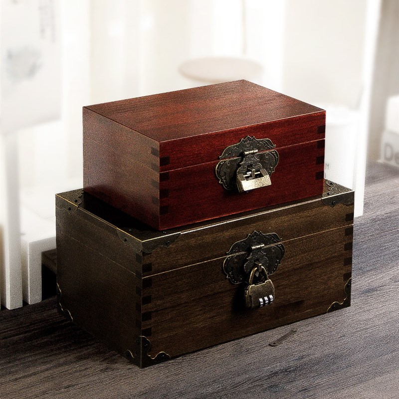 06YM樟木复古带锁盒子香樟木密码木箱木盒收纳盒实木储物箱子榫卯