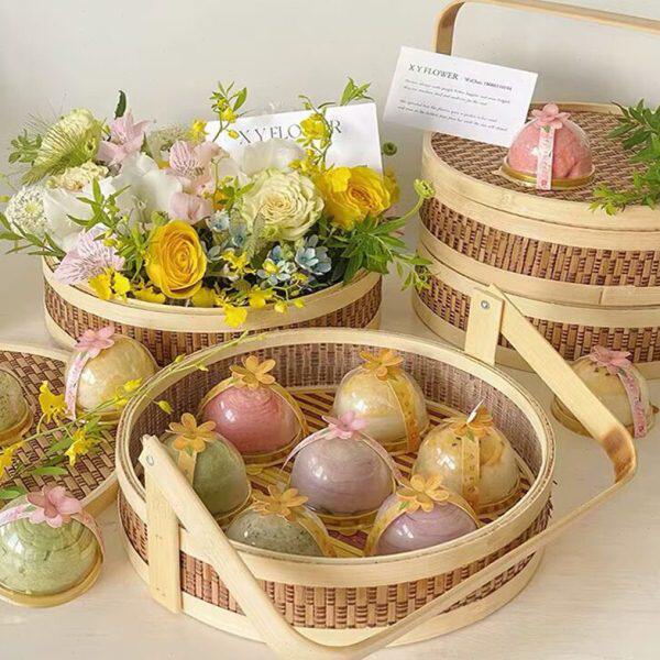 中秋节国风双层竹编手提月饼篮圆形月饼盒鲜花礼品盒手提篮