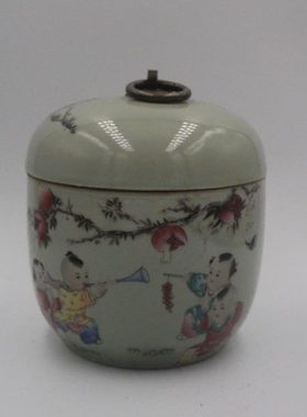 清雍正粉彩人物婴戏图茶叶盖罐 古董瓷器 古玩收藏品书房摆件仿古