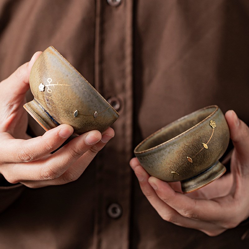 中式复古锔钉银茶杯功夫茶具高档品茗杯子主人杯单杯个人专用送礼