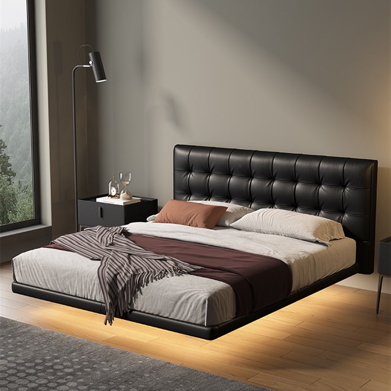 意式极简真皮床轻奢黑色q悬浮床现代简约主卧双人大床1.8米结婚床