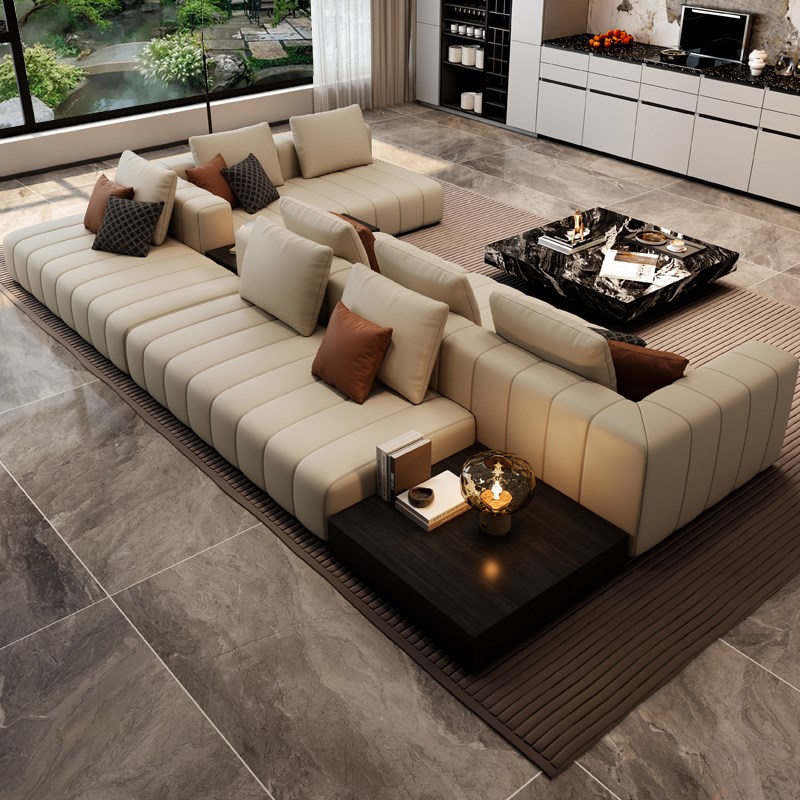 意式横厅双面可坐沙发不靠墙大户型客厅别K墅大平层钢琴键真皮沙