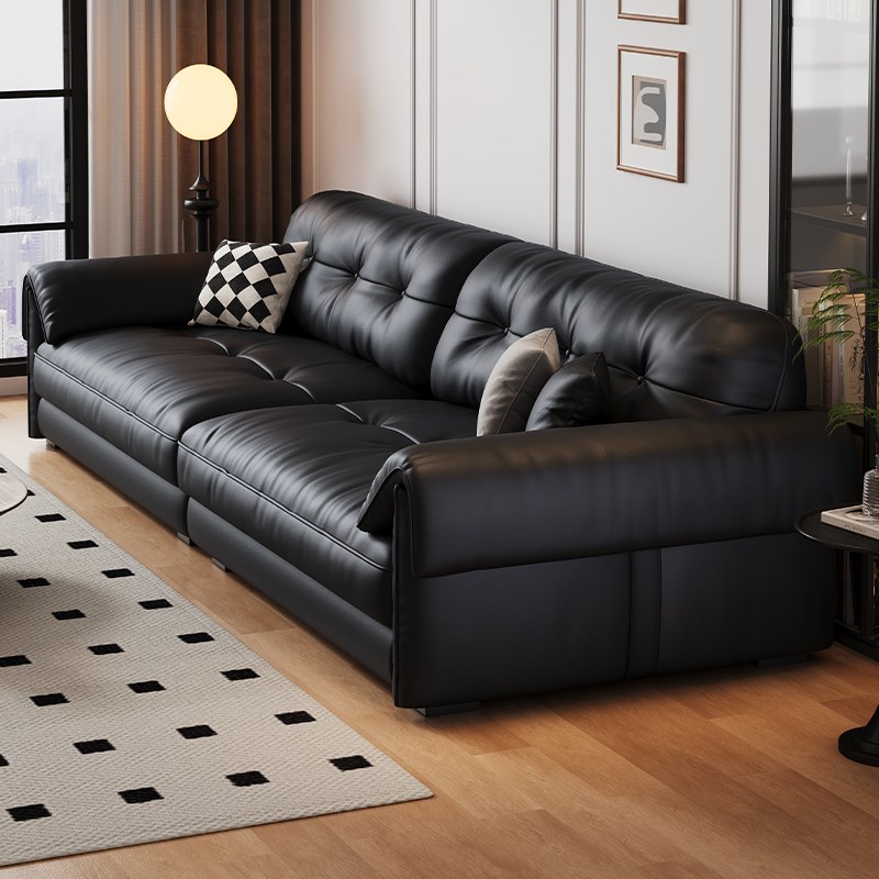沙发客厅意式极简头层牛皮直排复C古家用客厅大象耳朵黑色真皮沙