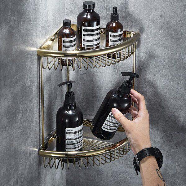 浴室置物架卫生间壁挂转角架淋浴房双层三角蓝角架全铜网篮收纳架