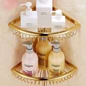 全铜金色欧式 卫生间淋浴房浴室挂件转角置物架双层三角篮仿古角篮