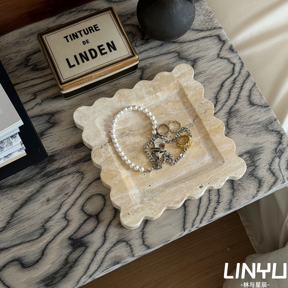 林与/中古侘寂风黄洞石装饰果盘轻奢收纳托盘Q香薰蜡烛置物盘摆件