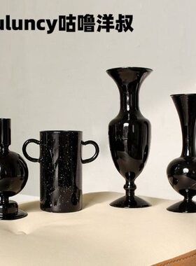 小花瓶玻璃摆件法式玻璃桌面装饰干花花束客厅中式插花复古黑色
