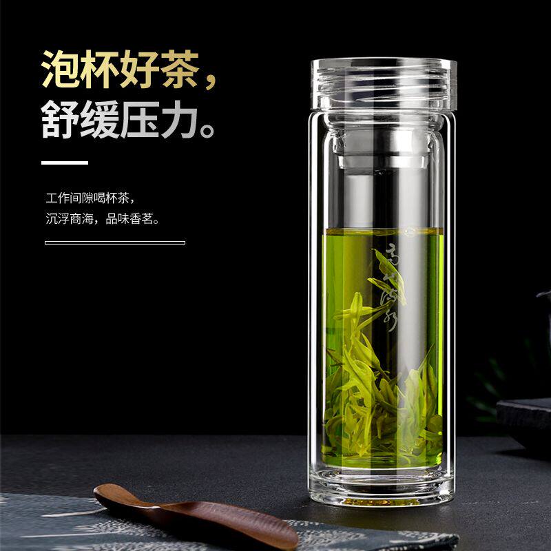 双层玻分杯男离便携水杯隔热带盖玻璃杯