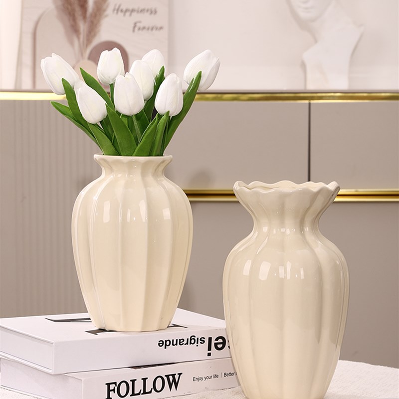 法式奶油色陶瓷花瓶高级感覆古家居客厅桌面水培鲜花X插花餐桌摆
