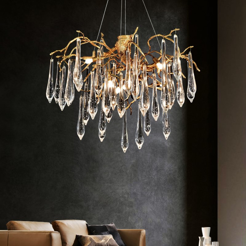 法式客厅吊灯水晶l现代轻奢别墅全铜艺术树枝水滴餐厅卧室灯