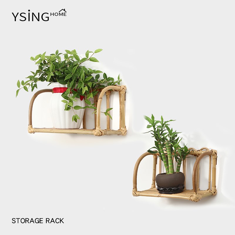 藤编收纳架阳台墙上壁挂花架一体免打F孔北欧原木风创意收纳置物