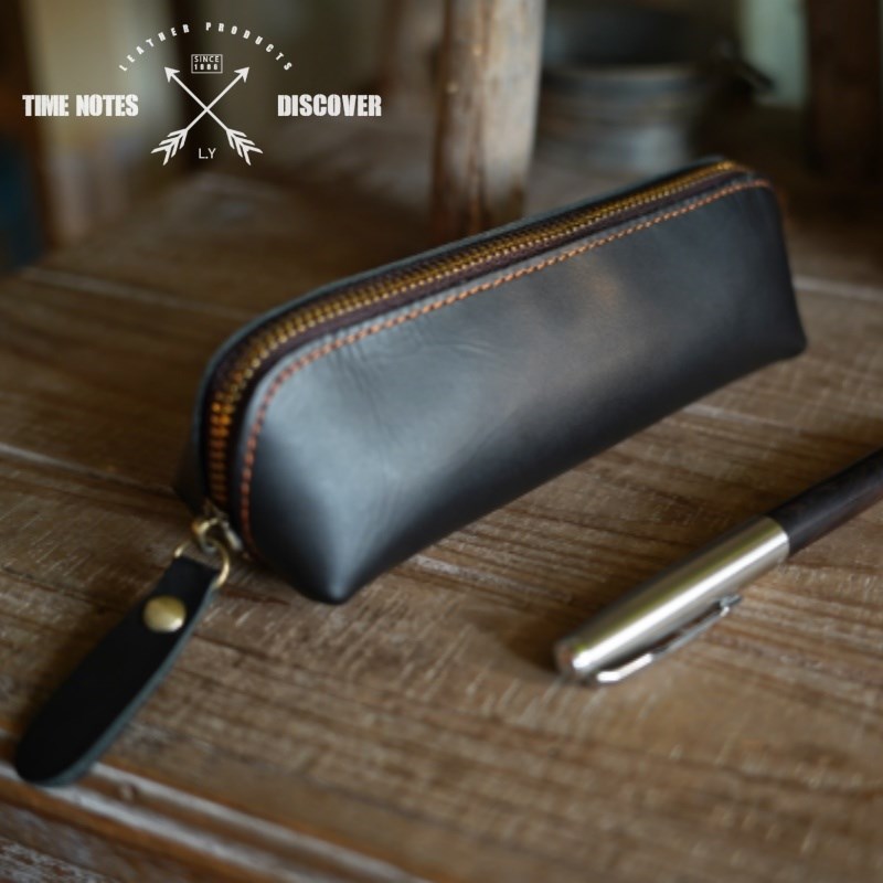 复古手工缝线头层牛皮笔袋疯马z皮钢笔保护套大容量植鞣皮笔套收