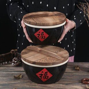 创意复古陶瓷大号碗盆汤碗福字碗带盖子菜碗家用酒店特色陶瓷餐具