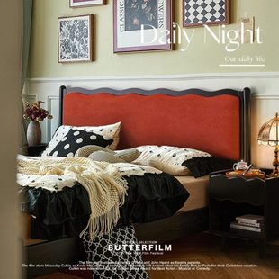 复古实木床黑色现代简约双人床1.8米1.5法式床软包中古风床主卧室