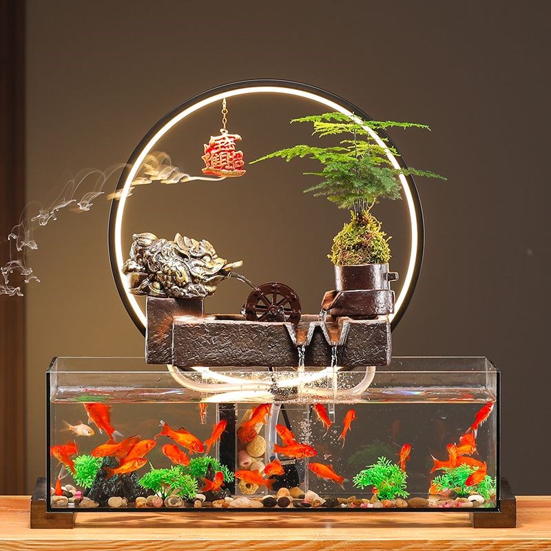流水招财金鱼缸摆件循环玻璃w景观客厅办公室桌面小型乔迁开业礼