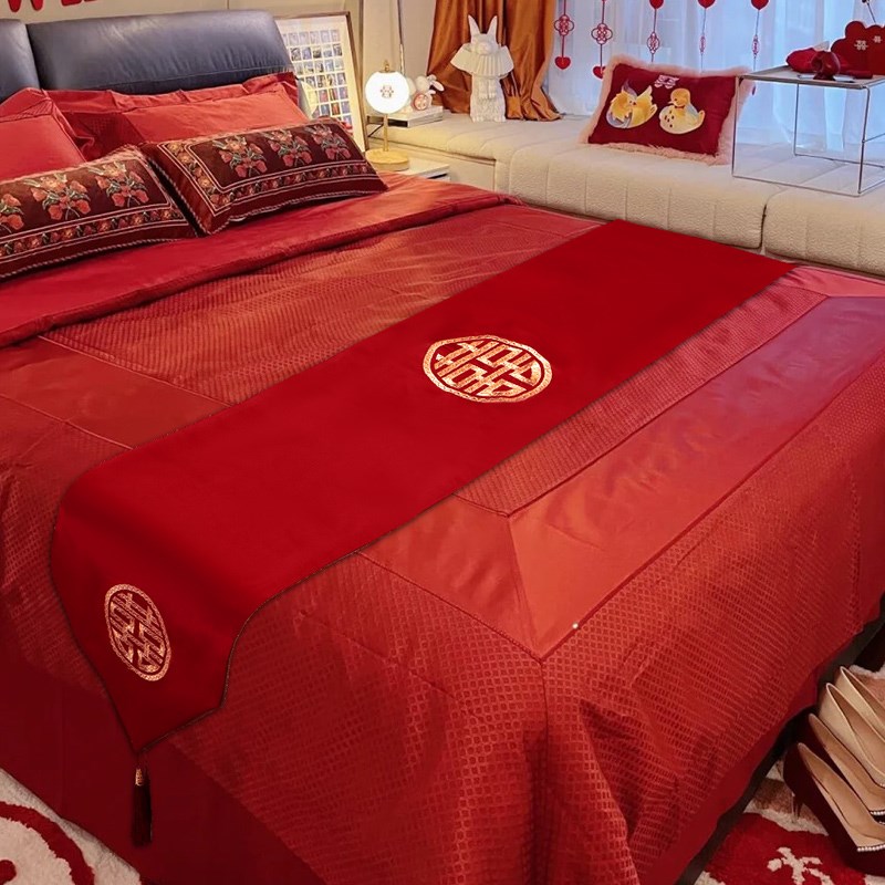 红色喜庆床旗结婚婚房床尾搭巾新婚E床上用品喜字桌旗茶几茶台桌