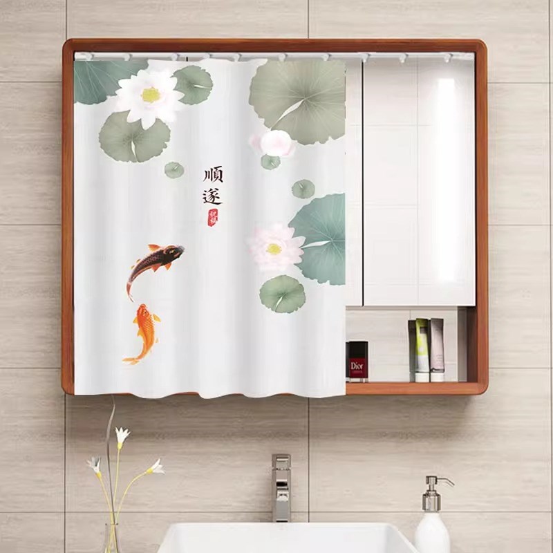 卫生间洗漱台镜子遮挡帘浴室中式柜子梳妆台防尘布帘子防水免打孔