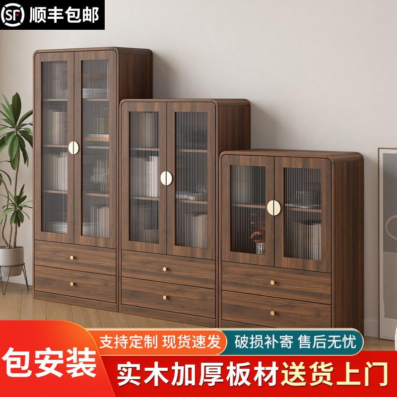 实木书柜带玻f璃门一体靠墙柜子落地家用组合书架防尘多层收纳储