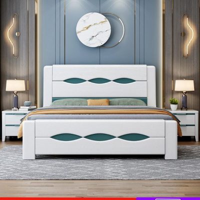 实木床现代简约双人床1.8米压纹主卧室白色储物床1.5高箱床小户型