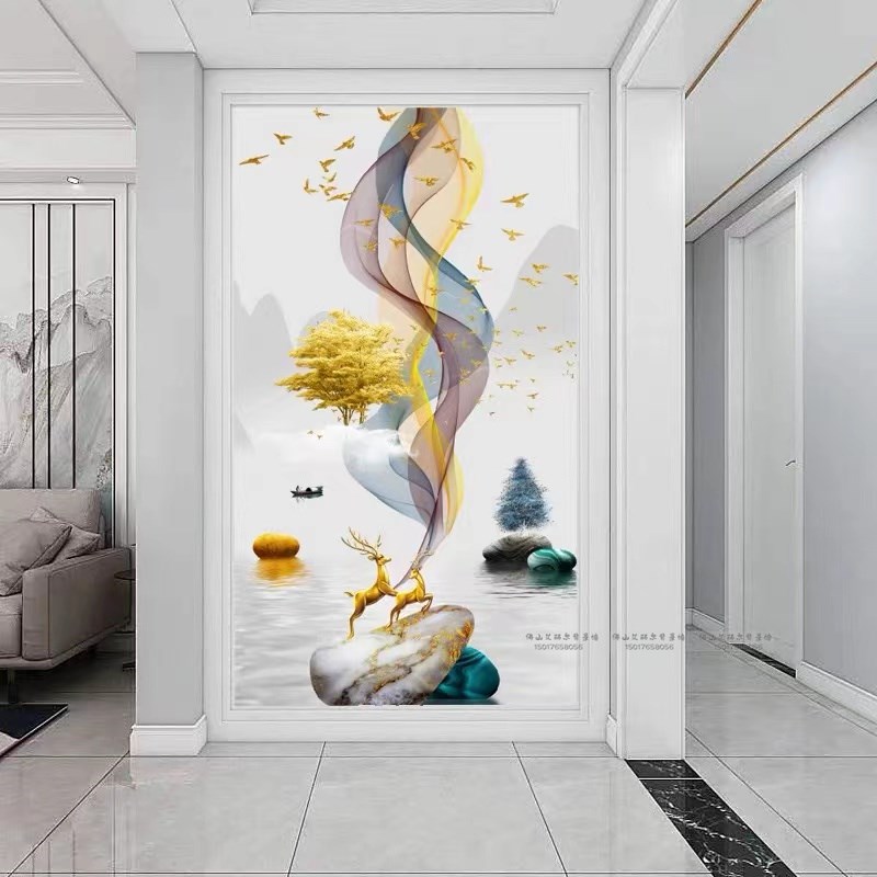 新款入户玄关背景墙岩板瓷砖x微晶石大理石过道现代轻奢麋鹿发财