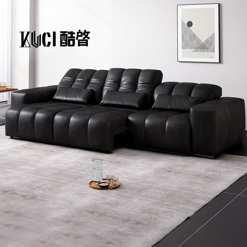 电动沙发床功能客厅像素真皮沙发三人位直排简约零T靠墙黑色可伸