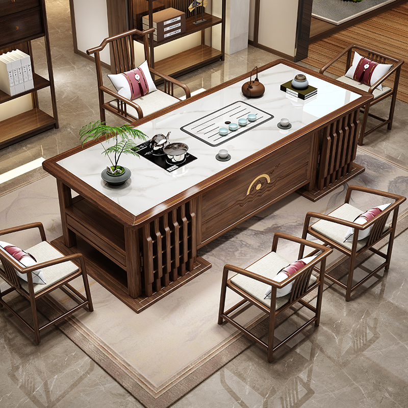 新中式实木岩板茶桌椅组合一桌五椅E茶台现代简约高级感简约泡茶