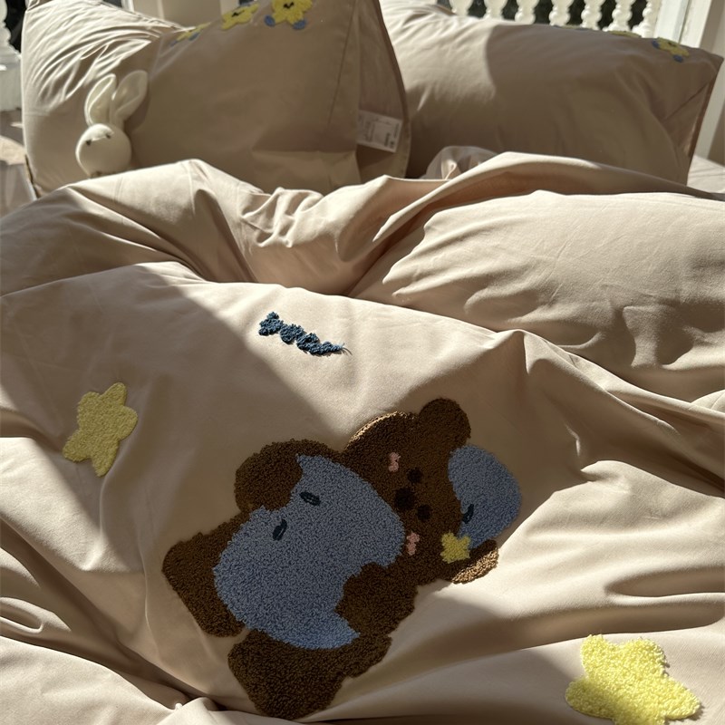 水洗棉毛巾刺绣安睡熊床上四件套1.5m1.L8米被套床单三件套少女心