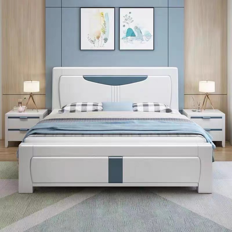 全实木白色主卧1.8米双人简约现代压纹实K木床1.5M经济型储物床