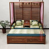 老榆木架子床罗汉床可伸缩东南亚中式 实木小户型推拉双层折叠床
