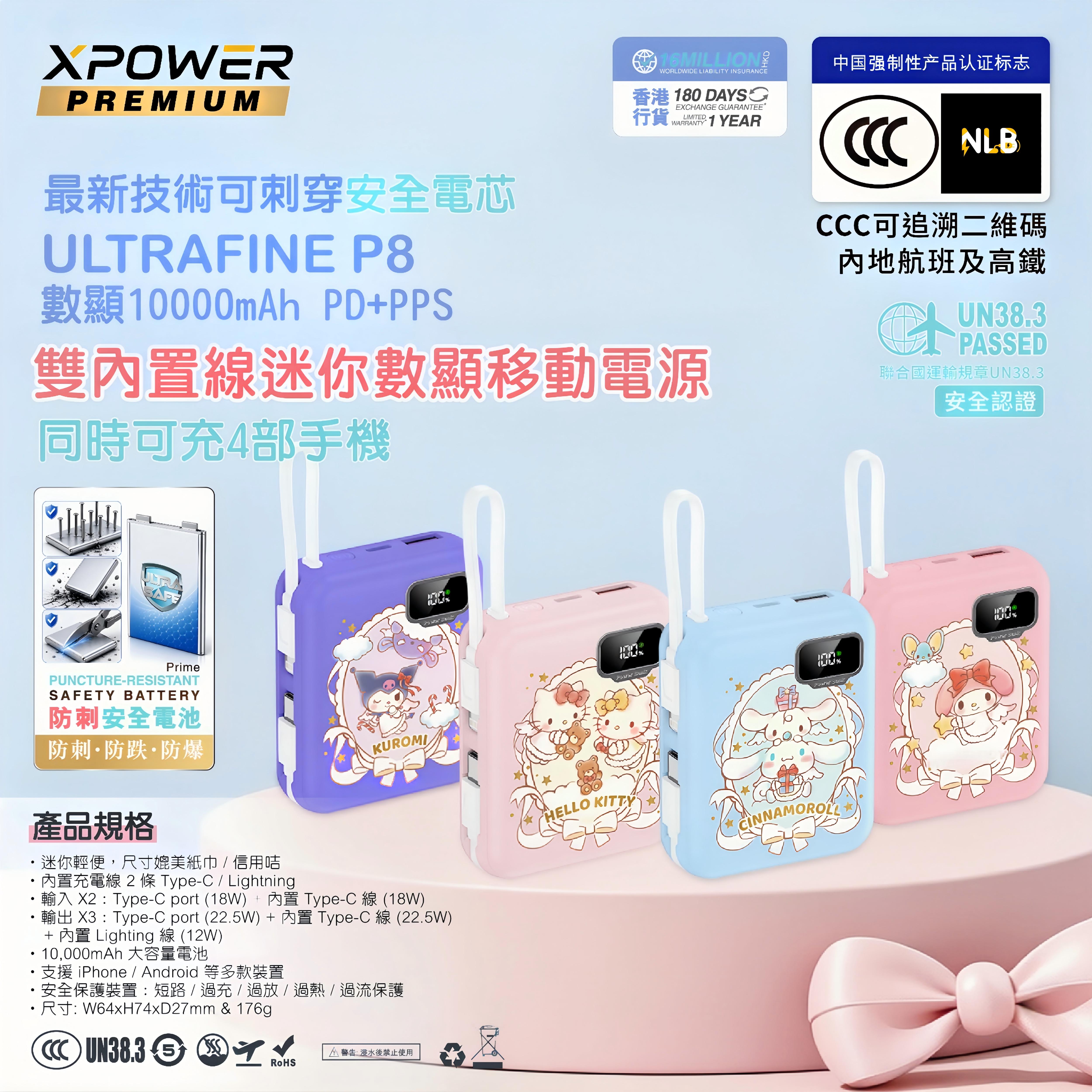 XPOWER三丽鸥正版联名充电宝P8数显移动电源10000mAh自带双数据线