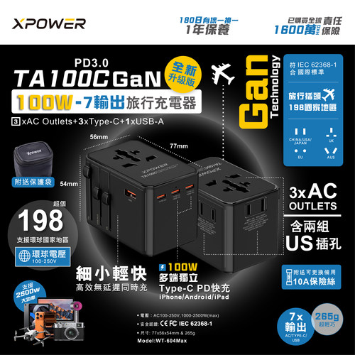 香港XPower 7输出PD 100W Gan旅行充电器TA100C便携通用转换插头