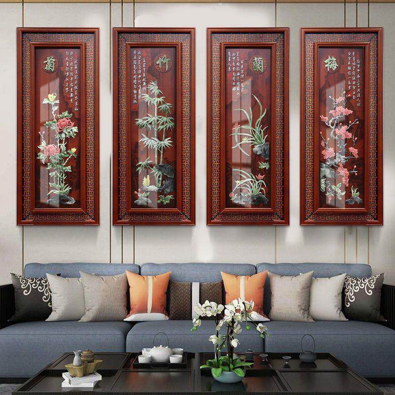 中式客厅装饰画电视沙发背景墙壁画餐厅立体仿古浮雕玉雕实木挂画