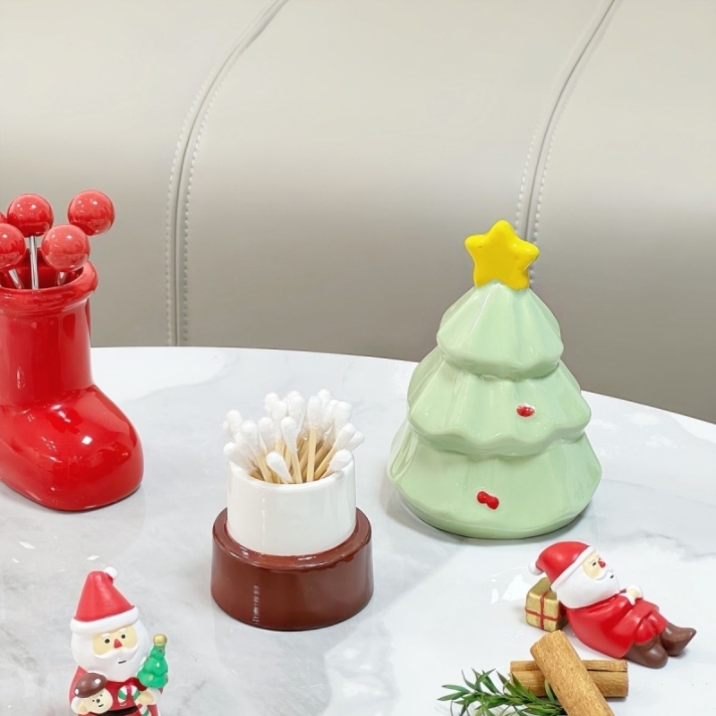 高颜值创意圣诞树陶瓷牙签筒家用牙线收纳盒棉签罐多巴胺装饰客厅