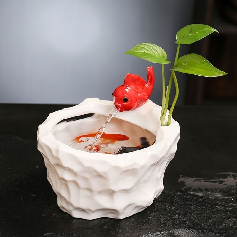 陶瓷自动循环流水摆件招财鱼缸小型家用室内加湿器宠物猫咪饮水机