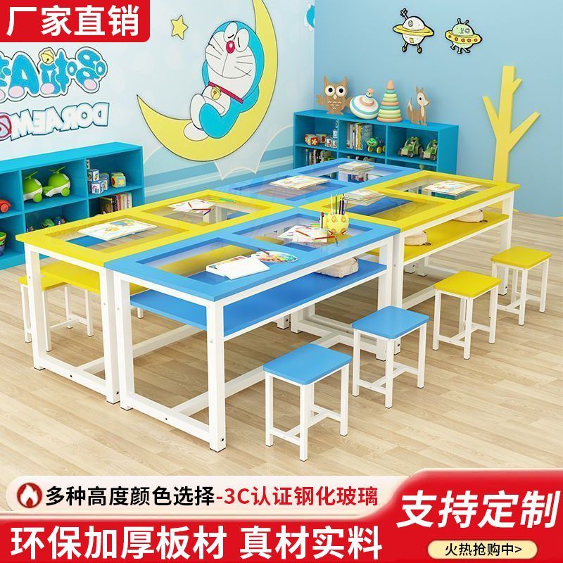 幼儿园书桌双层玻璃桌书法培训班课桌椅儿童绘画桌画室美术桌图片