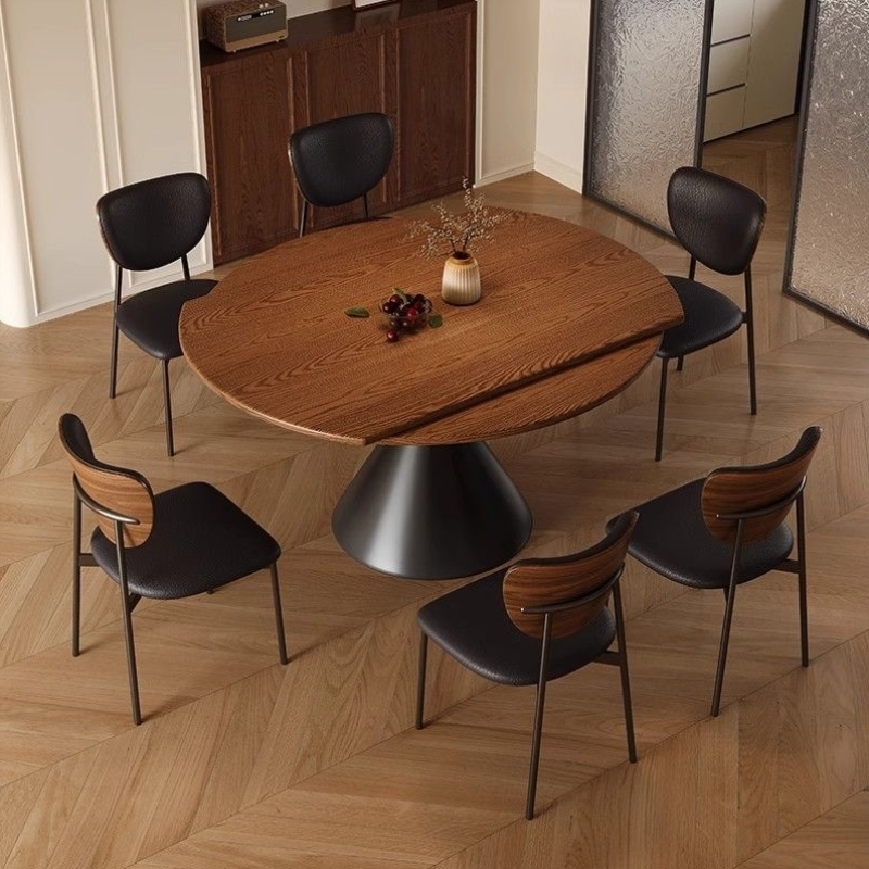 中古风餐桌实木圆形折叠餐桌椅组合小户型伸缩家用法式复古饭桌子