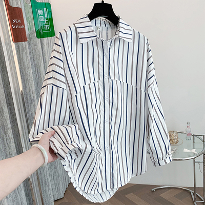 实拍2026早春大码女装复古条纹蝙蝠袖纯棉条纹长袖衬衫女减龄上衣