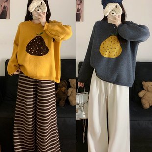 毛衣设计感针织衫 宽松圆领鸭梨大版 上衣 大码 实拍2025秋冬新款