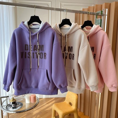 设计感小众宽松休闲字母印花加厚加绒卫衣女秋冬连帽保暖超火上衣