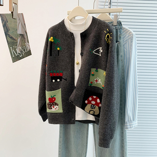 卡通手工钩花针织背心wait女春秋新款 毛衣马夹外套 学院风宽松开衫