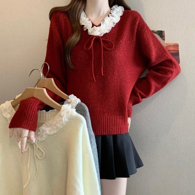 实拍~ 大码胖MM秋冬新款法式立体花拼接V领长袖套头上衣毛衣