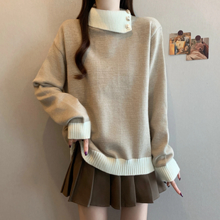 女装 大码 韩系翻领撞色设计休闲百搭针织套头上衣 新款 实拍2025冬季
